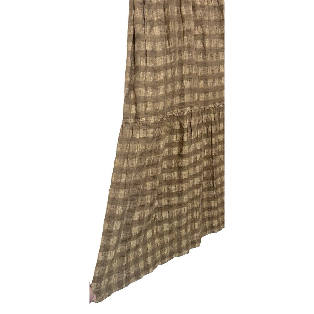 POETRY Green Tiered Check Midi Maxi Dress Crinkle Linen Blend Lined Pockets 10 - Picture 4 of 13